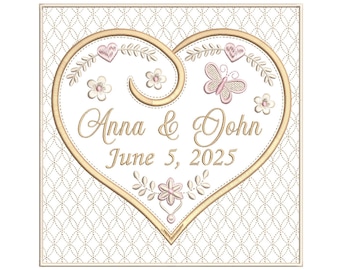 Wedding Ring Cushion, Customised, Ring Pillow Design, Heart Shape, Floral, Flowers, Butterfly, Machine Embroidery Design, 4 Sizes, RC300-1