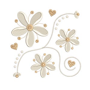 May include: An embroidered floral design featuring three large flowers with cream-colored petals and golden centers. The design includes golden hearts and a swirling vine with small star-shaped accents, all on a white background.