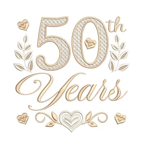 May include: Embroidered design celebrating a 50th anniversary. The number "50" is in a textured gold colour, with the word "th" in a script font. The word "Years" is also in a script font. The design includes hearts and leaf accents, all in gold.