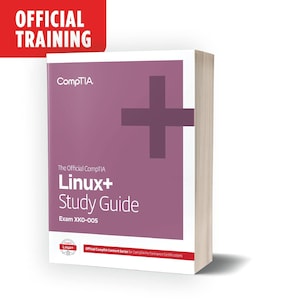 May include: A CompTIA Linux+ Study Guide book with a purple cover and a large plus sign. The book's title and exam number are visible. The top left corner has a red banner that says "OFFICIAL TRAINING".