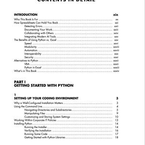 以下が含まれることがあります： CONTENTS IN DETAILというタイトルの白黒の目次ページ。19ページから始まる導入部には、スプレッドシート、Python対Excelなどのトピックが記載されており、第1部「Setting Up Your Coding Environment」は3ページから始まります。