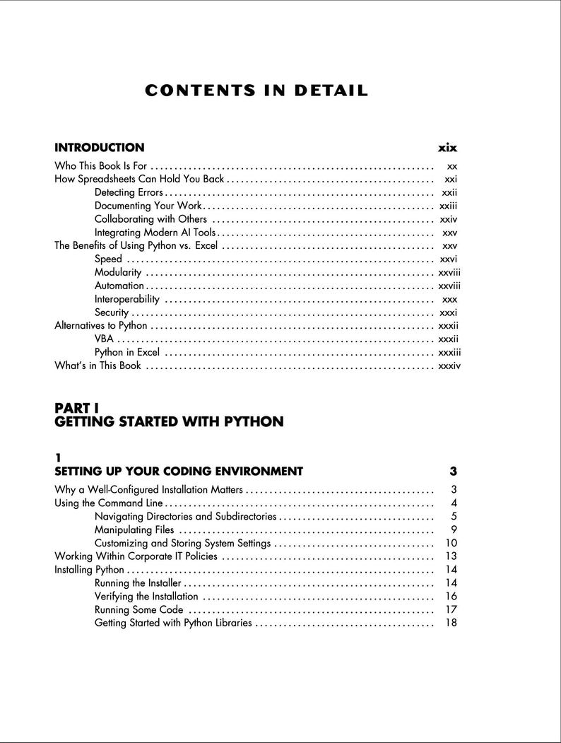以下が含まれることがあります： CONTENTS IN DETAILというタイトルの白黒の目次ページ。19ページから始まる導入部には、スプレッドシート、Python対Excelなどのトピックが記載されており、第1部「Setting Up Your Coding Environment」は3ページから始まります。