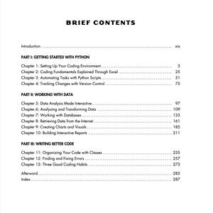 以下が含まれることがあります： 「BRIEF CONTENTS」と題された白黒の目次ページ。Pythonプログラミングに関する序文、3つのパート、13の章が記載されており、データ分析、データベース、コーディングの習慣などのトピックとページ番号が含まれています。