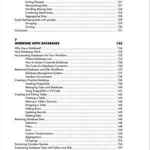 以下が含まれることがあります： 技術書の白黒の目次ページ。テキストには第7章「Working with Databases」と、Why Use a Database、Relational Databases、SQL Workflows、PostgreSQLのインストールなどのサブトピックが記載されています。
