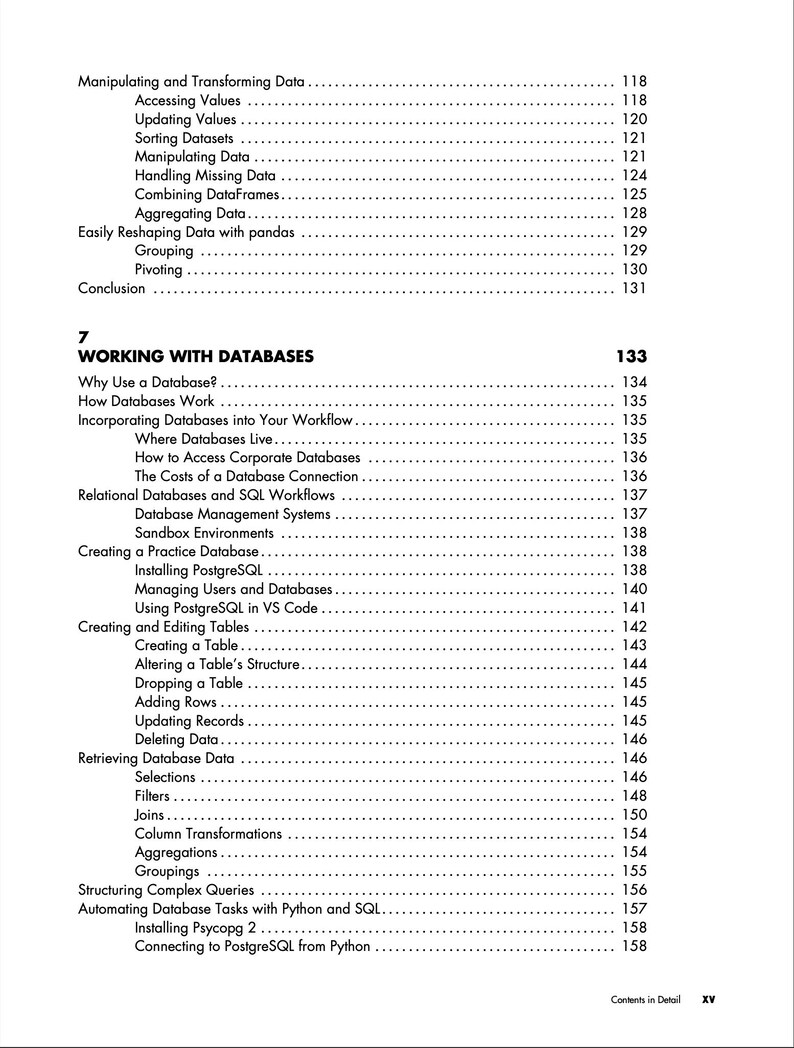 以下が含まれることがあります： 技術書の白黒の目次ページ。テキストには第7章「Working with Databases」と、Why Use a Database、Relational Databases、SQL Workflows、PostgreSQLのインストールなどのサブトピックが記載されています。