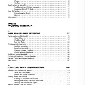 以下が含まれることがあります： 技術書の白黒の目次ページ。テキストには、Managing Histories、Best Practices for Using Git、How Git Works、Data Analysis Made Interactive、Analyzing and Transforming Dataなどの章やサブセクションが記載されています。