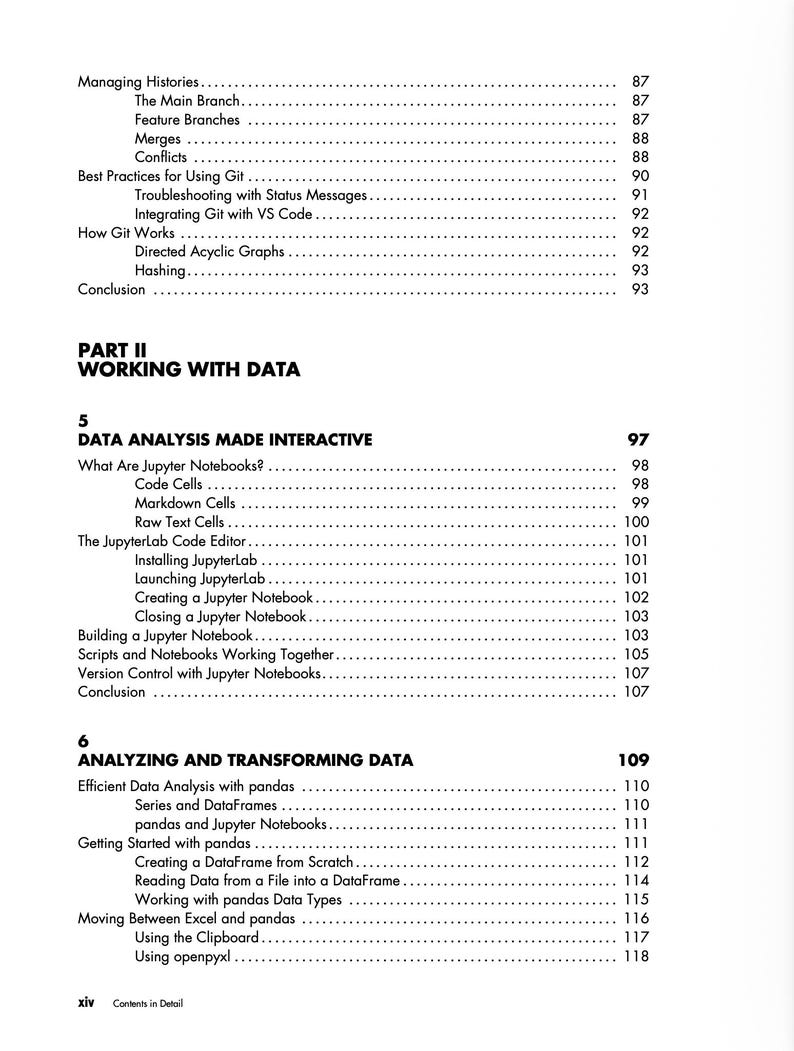 以下が含まれることがあります： 技術書の白黒の目次ページ。テキストには、Managing Histories、Best Practices for Using Git、How Git Works、Data Analysis Made Interactive、Analyzing and Transforming Dataなどの章やサブセクションが記載されています。