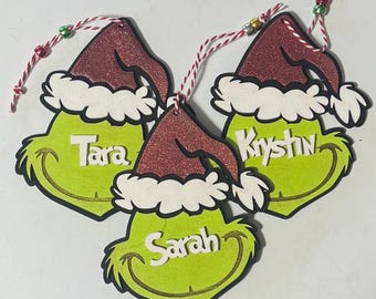 Personalized Grinch Christmas Ornament: Laser Cut Wood, Glitter Santa Hat