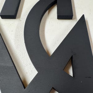 Op de afbeelding: Close-up van zwarte, driedimensionale letters die een woord spellen. De letters zijn dik en lijken van een mat materiaal te zijn gemaakt. De achtergrond is licht, gebroken wit, wat een contrast vormt met de donkere letters.