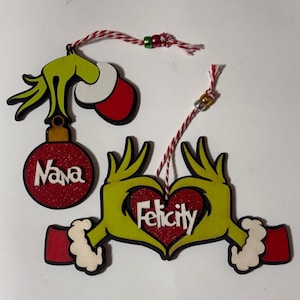 Personalized Grinch Christmas Ornament – Red Glitter Heart/Ball, Custom Name