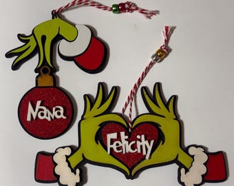 Personalized Grinch Christmas Ornament – Red Glitter Heart/Ball, Custom Name