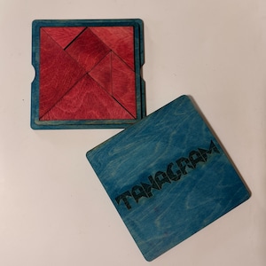 Puzzle Tangram in legno fatto a mano / Rompicapo rosso e blu