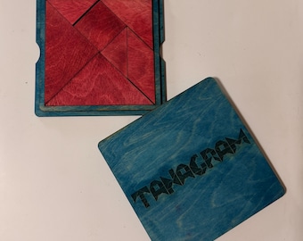 Handmade Wooden Tangram Puzzle | Red & Blue Brain Teaser
