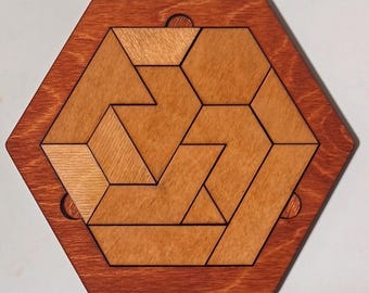 Handmade Wooden Hexagon Puzzle | Fit the Pieces Brain Teaser Game | Wood Challenge | Desk Toy Gift