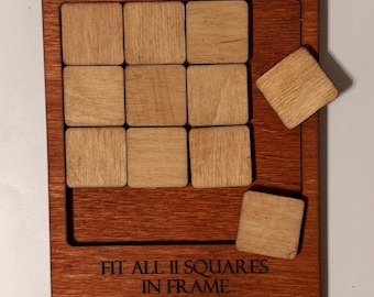 Handgemaakte houten puzzel van 11 vierkanten | Rustiek hersenkraker bureaucadeau