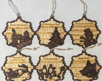 Laser Cut Wood Christmas Song Ornaments: Rustic Holiday Decor, Set of 6