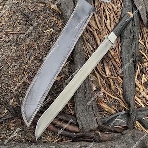 Hand Forged Carbon Steel Machete | Full Tang Survival Jungle Knife | Tactical Bushcraft Blade with Leather Sheath | Gift For Men