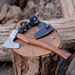 Custom Handmade Damascus Viking Axe, Hand Forged Battle Axe With Sheath, Axe With Rosewood Handle Camping Axe, Bearded Axe, Gift For Him