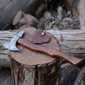 Handmade Viking Axe – Damascus Steel Hatchet – Survival Axe with Leather Sheath – Outdoor Gear – Wood Handle – Gift Idea for Him