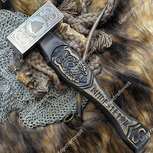 Handmade Viking Thor Hammer | Engraved Metal Mjolnir with Carved Wood Handle | Norse Mythology Decor, Cosplay, Gift for Him | EDGECRAFTERSUS
