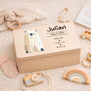 Könnte beinhalten: Eine helle Holz-Andenkenbox mit einer Illustration eines Eisbären. Die Box ist mit dem Namen "Julian", dem Geburtsdatum, der Uhrzeit, dem Gewicht (2,9 kg) und der Größe (47,6 cm) personalisiert. Weitere Holzspielzeuge und eine Babysocke sind im Bild.