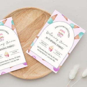 Watercolor Ice Cream Birthday Invitation: Kids Party, Ice Cream Social, Editable Canva Template (Digital Download), Includes One PDF File