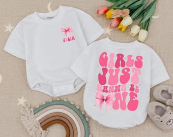 Custom Name Girls Just Wanna Be One Baby Romper Sweatshirt, Bow First Birthday, 1st Birthday Girl Party Bubble Romper,Pink bow One birthday