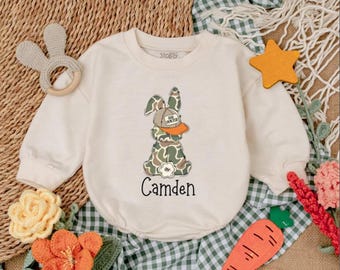 Personalized Camo Easter Boys Romper Sweatshirt, Egg Hunter Bunny Baby Bodysuit, Easter Day Baby Gift, My First Easter Outfit