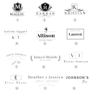 May include: A collection of twelve black and white logo designs. Each design features a name or initials, with decorative elements like crests, laurels, and geometric shapes. Some include the text "ESTD 2025".