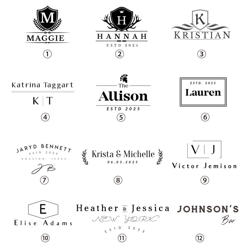 May include: A collection of twelve black and white logo designs. Each design features a name or initials, with decorative elements like crests, laurels, and geometric shapes. Some include the text "ESTD 2025".