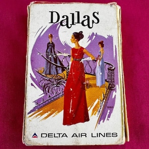 Baralho de cartas vintage Delta Air Lines Dallas Texas da década de 1970, caixa dourada completa