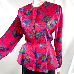 Vintage 80s 90s Pink Satin Floral Blouse NWT Peplum Waist bg street 6P Petite