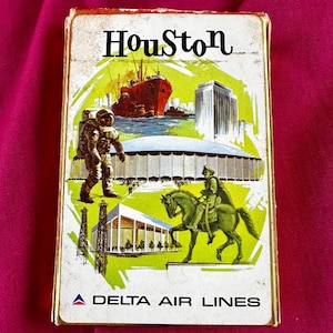 Baralho de cartas vintage Delta Air Lines Houston Texas da década de 1970, caixa dourada completa