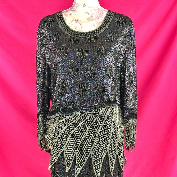 Vintage 80s Beaded Silk Sequin Iridescent Black Two Piece Top Skirt Set Dress Vintage 80s Beaded Silk Sequin Iridescent Black Two Piece Top Skirt Set Dress