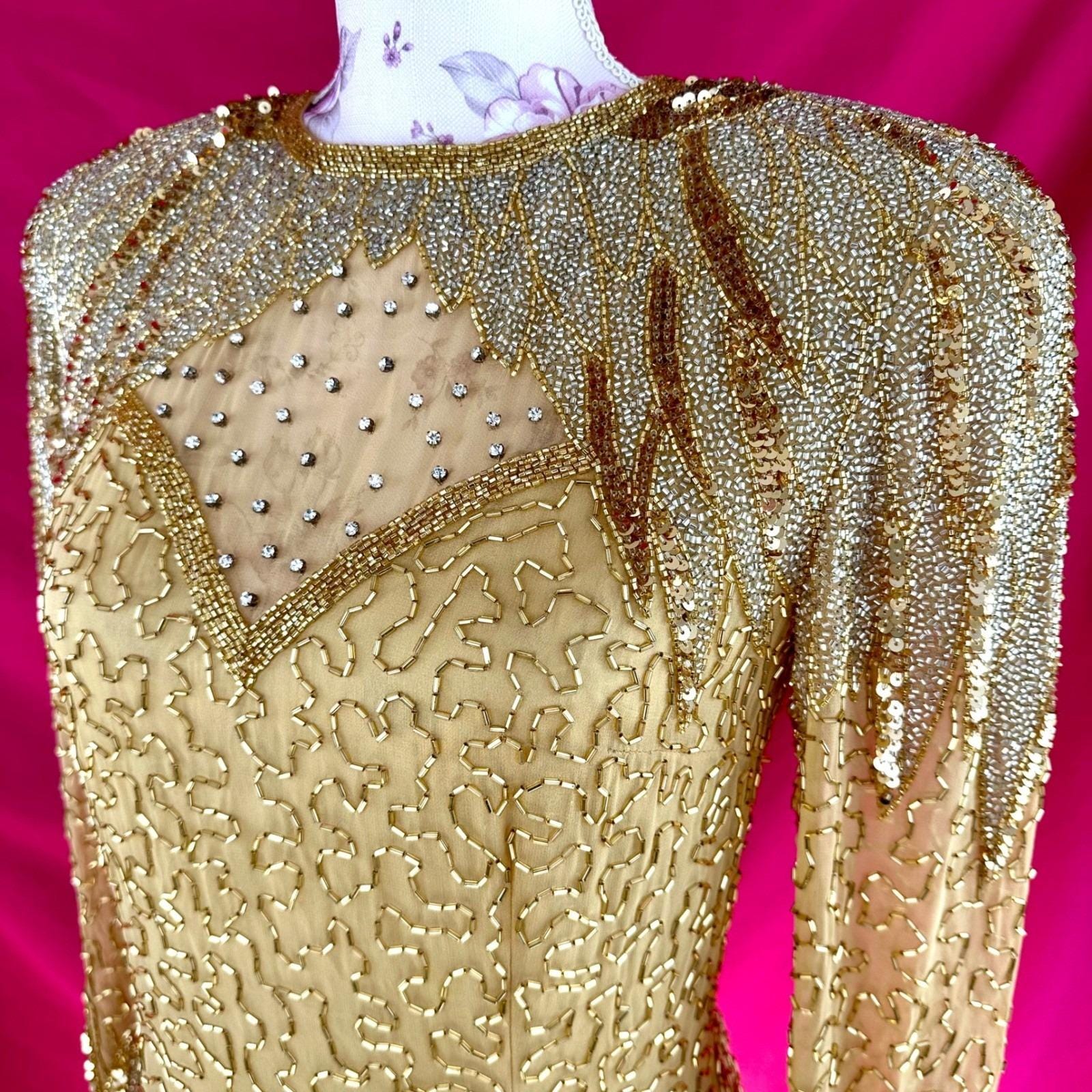 NWT Beaded Sequin Rhinestone Silk Gold Party Midi Dress Oleg Cassini Size 6 Glam NWT Beaded Sequin Rhinestone Silk Gold Party Midi Dress Oleg Cassini Size 6 Glam