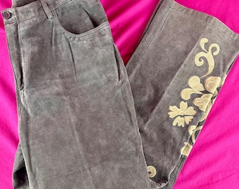 Vintage Suede Leather Pants Embroidered Appliqué Women's 14 Y2K Boho Western