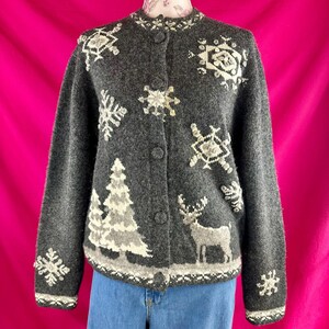 Cárdigan de lana vintage Woolrich con escena invernal, gris, copo de nieve 3D, para mujer, talla L, años 90