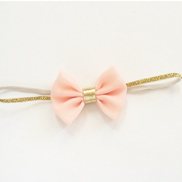 Baby Bow Headband or Hair Clip - Peach & Metallic Gold Bow