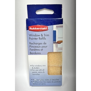 May include: A package of Rubbermaid Window & Trim Painter Refills. The packaging is blue and white, with text in English and French. The refills are a light tan color and are designed for windows, trim, and shutters. They are for use with paints, stains, and varnishes.