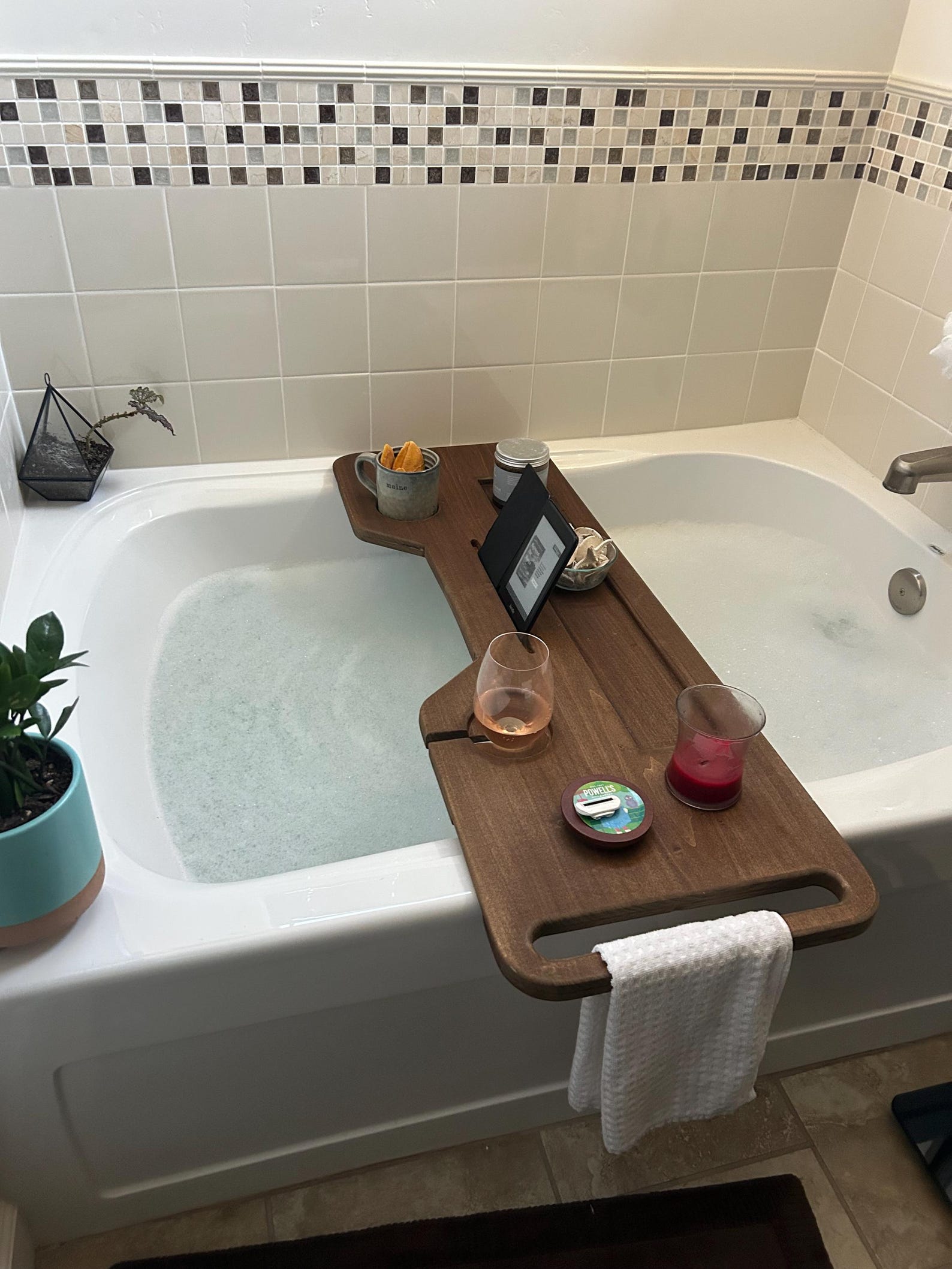 Handcrafted Wooden Bath Tray with Wine & Kindle Holder
