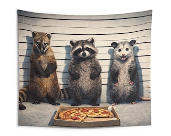 Three Mischievous Raccoon and Possum Mugshot Indoor Wall Tapestry | Funny Animal Pizza Art