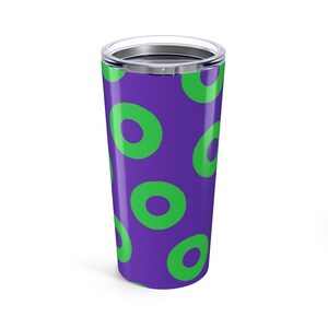 May include: A tall, insulated tumbler with a silver lid. The tumbler features a repeating pattern of green circles on a purple background. The tumbler is designed to keep drinks hot or cold.