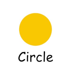 May include: A bright yellow circle on a white background. The word "Circle" is written in black, below the shape. This image is suitable for educational purposes, such as teaching shapes to children.