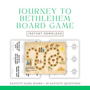 May include: A Journey to Bethlehem board game featuring a winding path with numbered spaces, illustrations of figures, camels, and palm trees on a parchment-style background. Includes a question sheet with text and a sheet of star-shaped game markers.