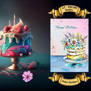 "Druckbare alles Gute zum Geburtstag Kuchen Karte - Geburtstagswünsche Sentiment - Aquarell Skizze Gruß - 300 dpi - A7 Format - Bonus Umschlag"