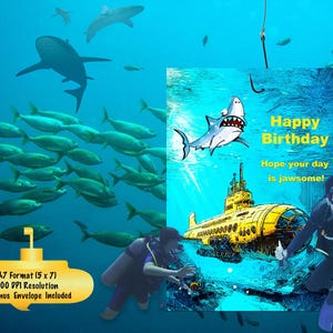 Printable Hope Dein Geburtstag ist "Jawsome" Karte - Quirky Hai/U-Boot-Thema - Wunderliche Begrüßung - 300 dpi - A7-Format - Bonus Umschlag"