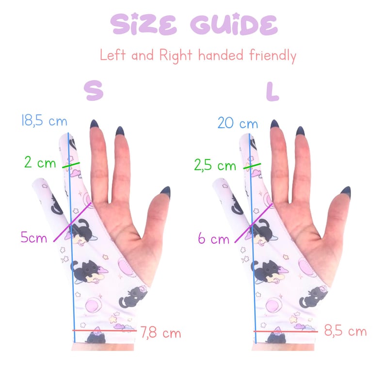May include: Size guide for left and right-handed gloves. The image shows two hands wearing gloves with a cat and space-themed pattern. Measurements are in centimeters: S glove is 18.5 cm long, L glove is 20 cm long.