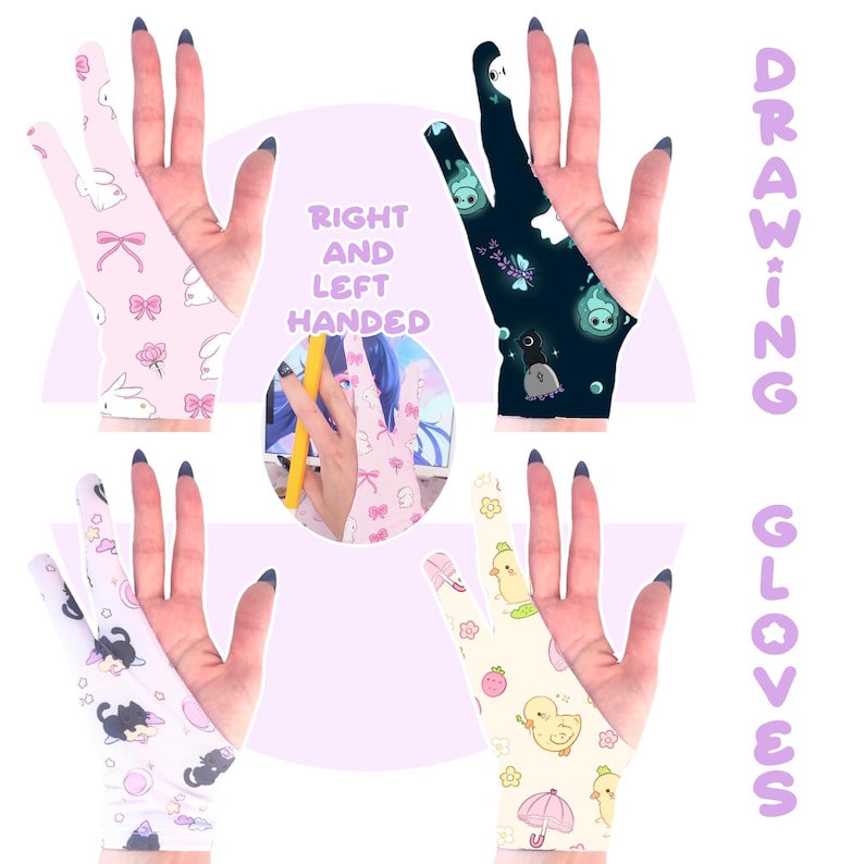May include: Drawing gloves in various designs, including pink with bunnies and bows, black with ghosts, and yellow with ducks. The gloves are right and left-handed, with the words "Drawing Gloves" in purple script.