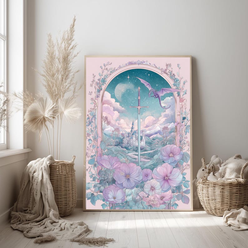 Sword art print for home office — whimsical watercolor illustration featuring soft colors, a flying dragon, and serene cottagecore vibes.