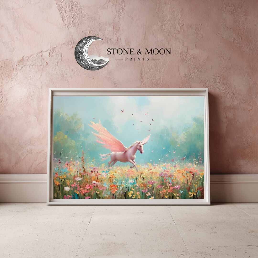 Unicorn Pegasus in Pastel Meadow - Dreamy Fantasy Printable Wall Art ...